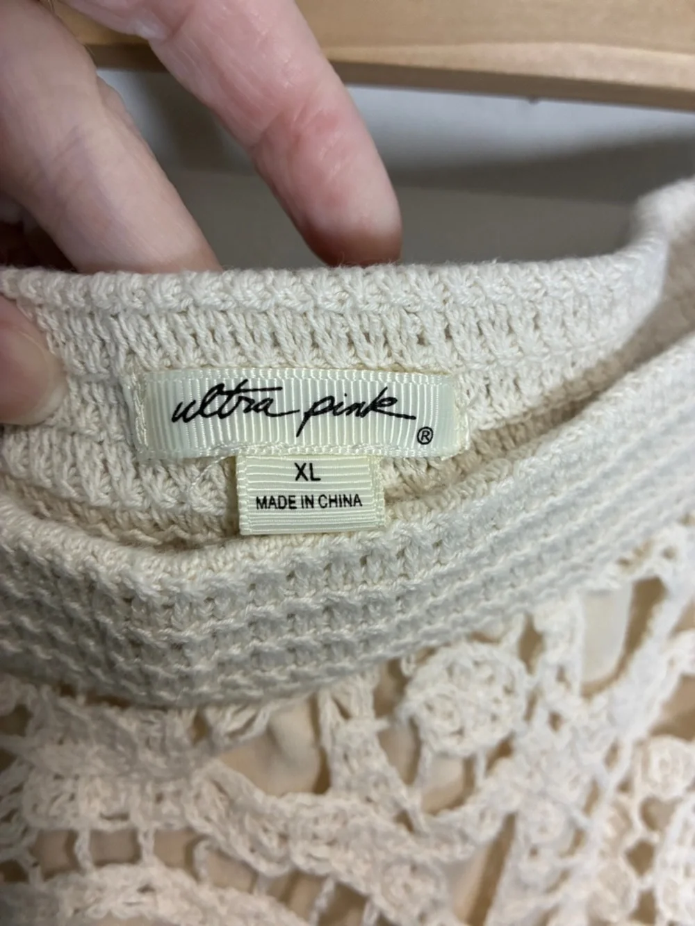 Boho Crochet Midi Skirt Cream w/ Black Trim Side Slit Lined XL - Picture 4 of 11